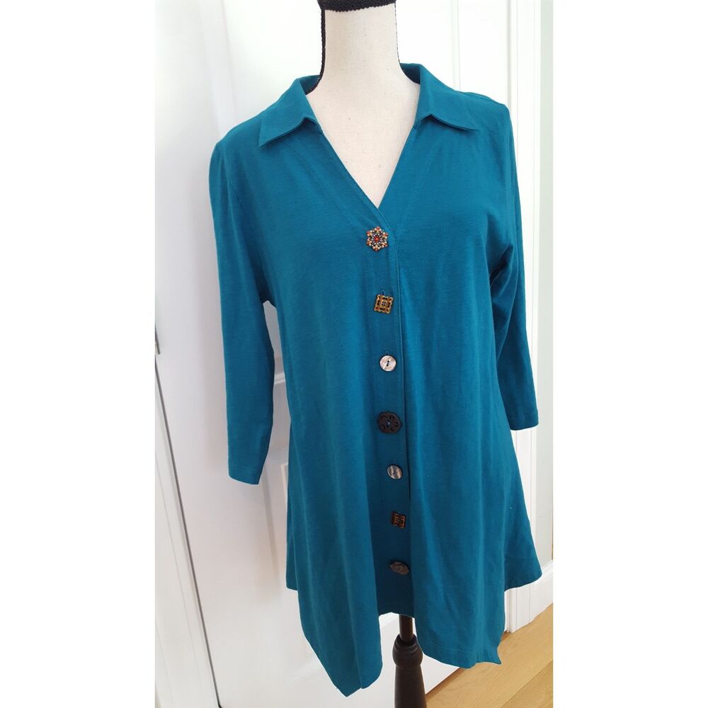 Soft Surroundings Handkerchief Hem Artisan Button Top,‎ Teal Blue, size small